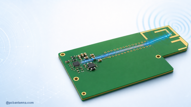 Single continuous PCB with a controlled-impedance antenna feed line, stitching vias, matching network, and edge antenna