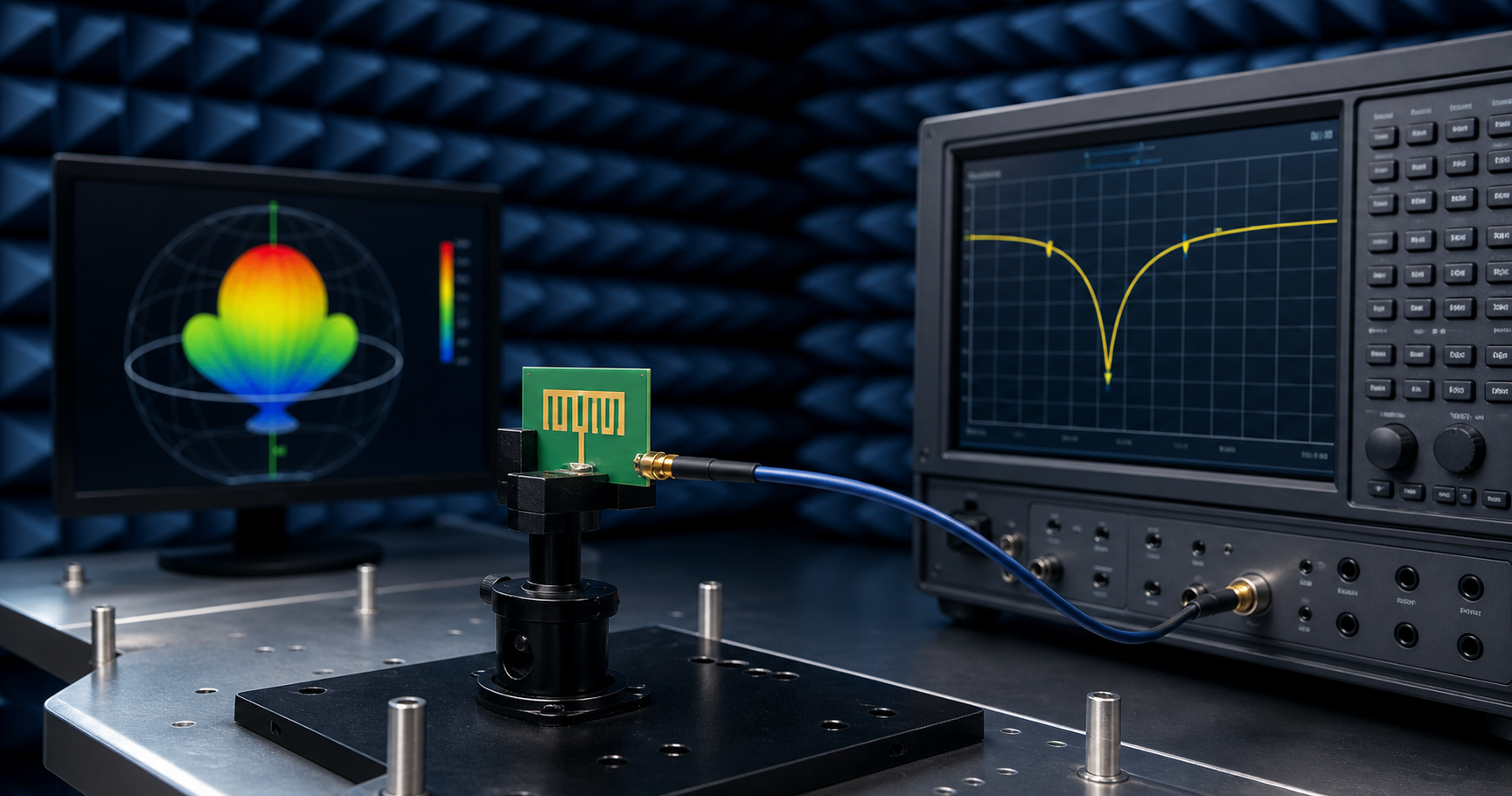 PCB antenna measurement bench with VNA and radiation simulation