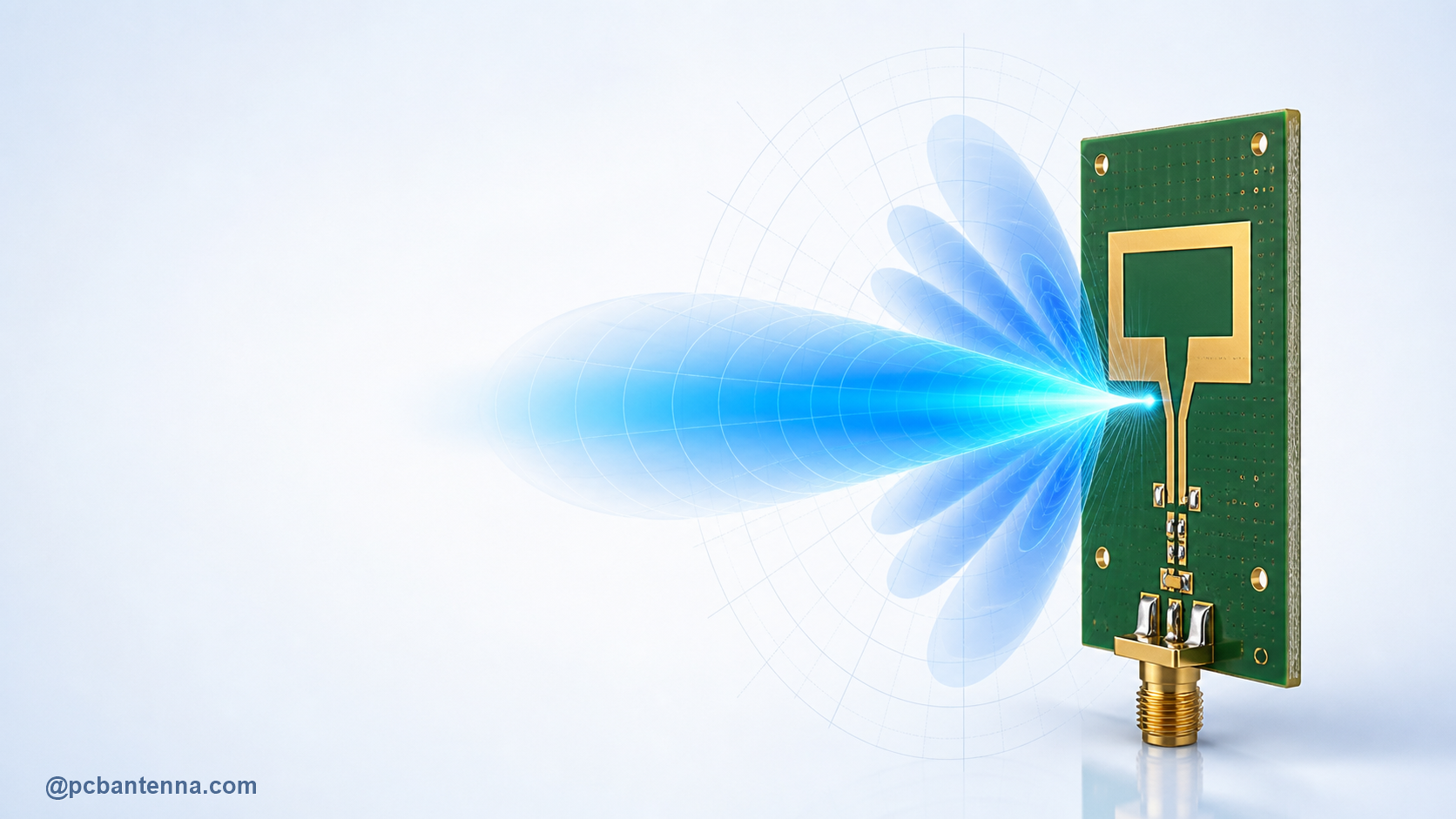 Directional PCB antenna radiating a focused forward gain lobe with smaller side lobes