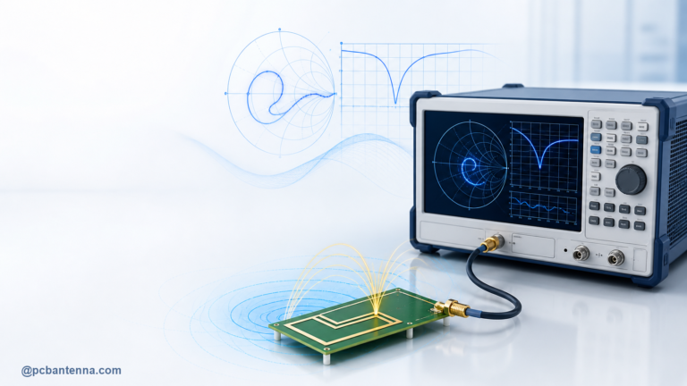 PCB antenna connected to a vector network analyzer with abstract impedance and S11 plots