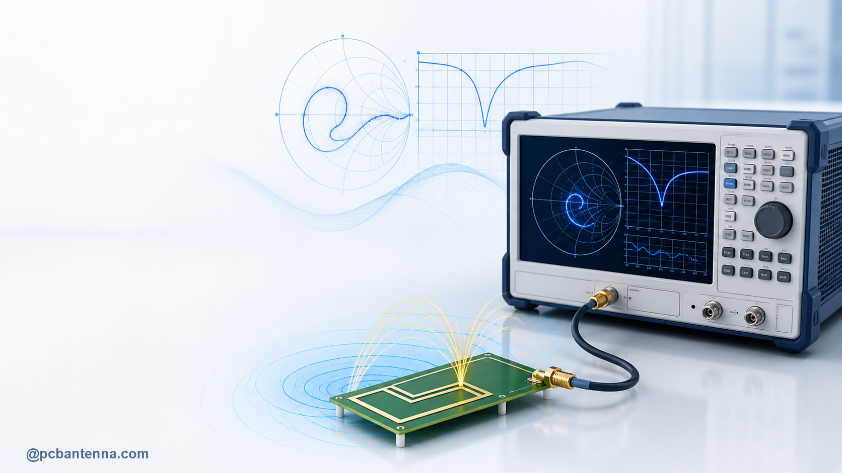 PCB antenna connected to a vector network analyzer with abstract impedance and S11 plots