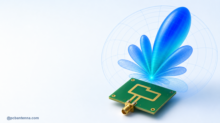 PCB antenna with a blue three-dimensional radiation pattern, main lobe, side lobes, and polar grid