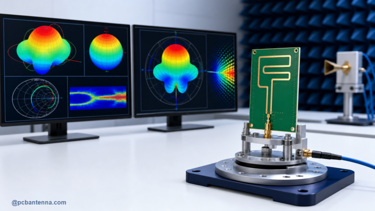 PCB antenna on an RF test fixture with antenna simulation radiation pattern screens