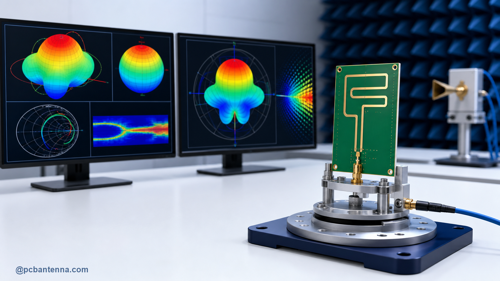 PCB antenna on an RF test fixture with antenna simulation radiation pattern screens