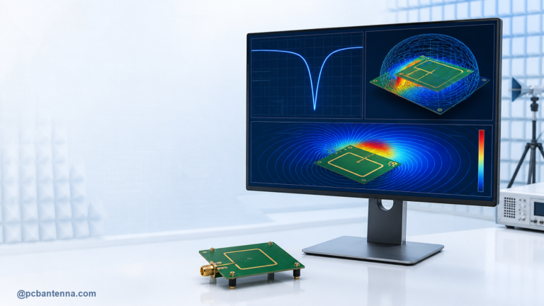 PCB antenna test board next to a simulation monitor with S11 response and electromagnetic field visualization