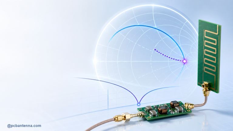 PCB antenna, RF matching network components, and an abstract Smith chart impedance trajectory