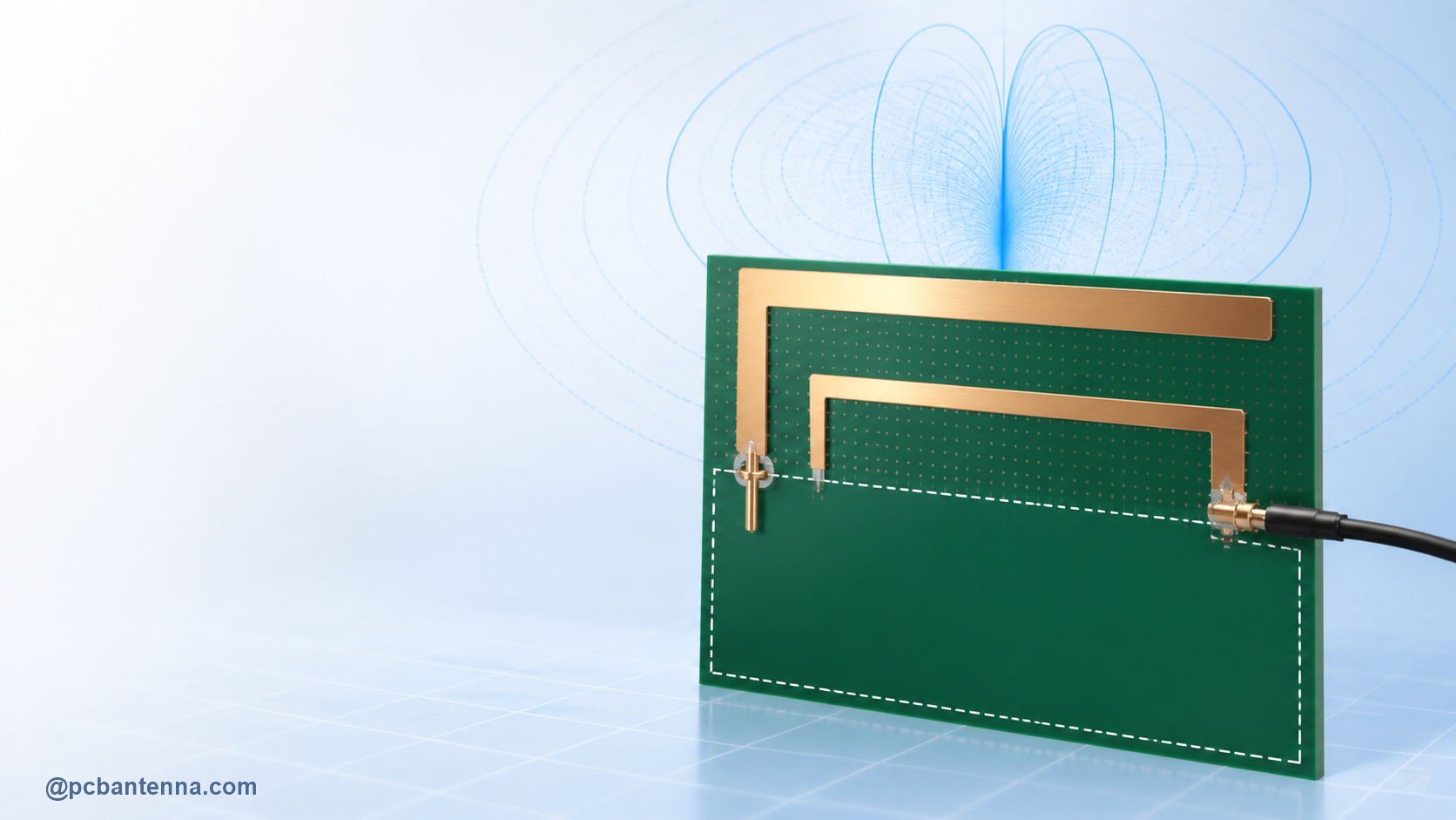 Compact inverted-F PCB antenna with short connection, feed point, ground keepout, and radiation field