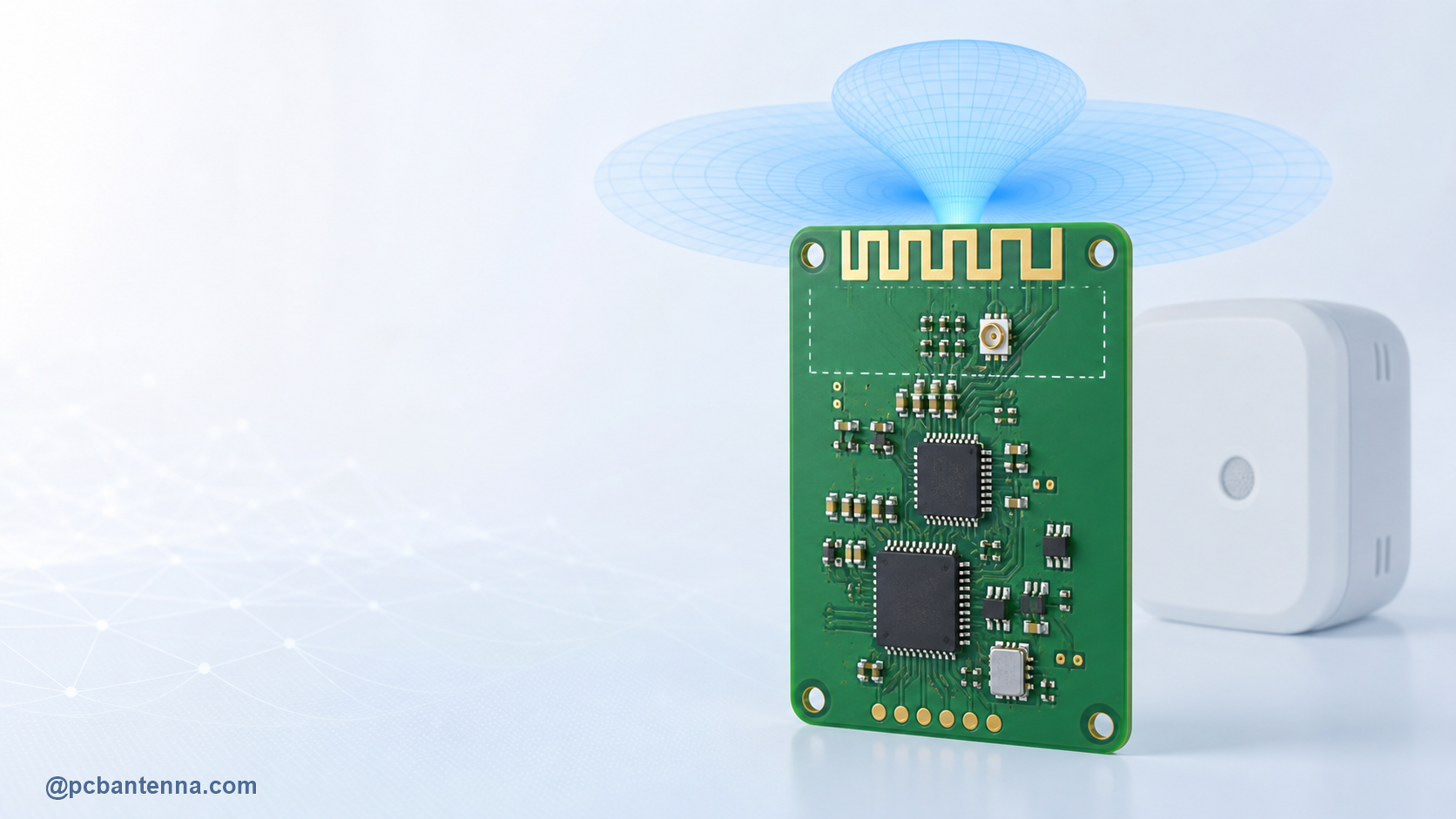 Compact IoT PCB with a gold meandered antenna trace, antenna keepout, and blue radiation pattern