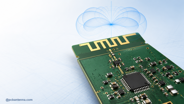 PCB with a meandered antenna trace, RF feed, matching network, and radiation pattern