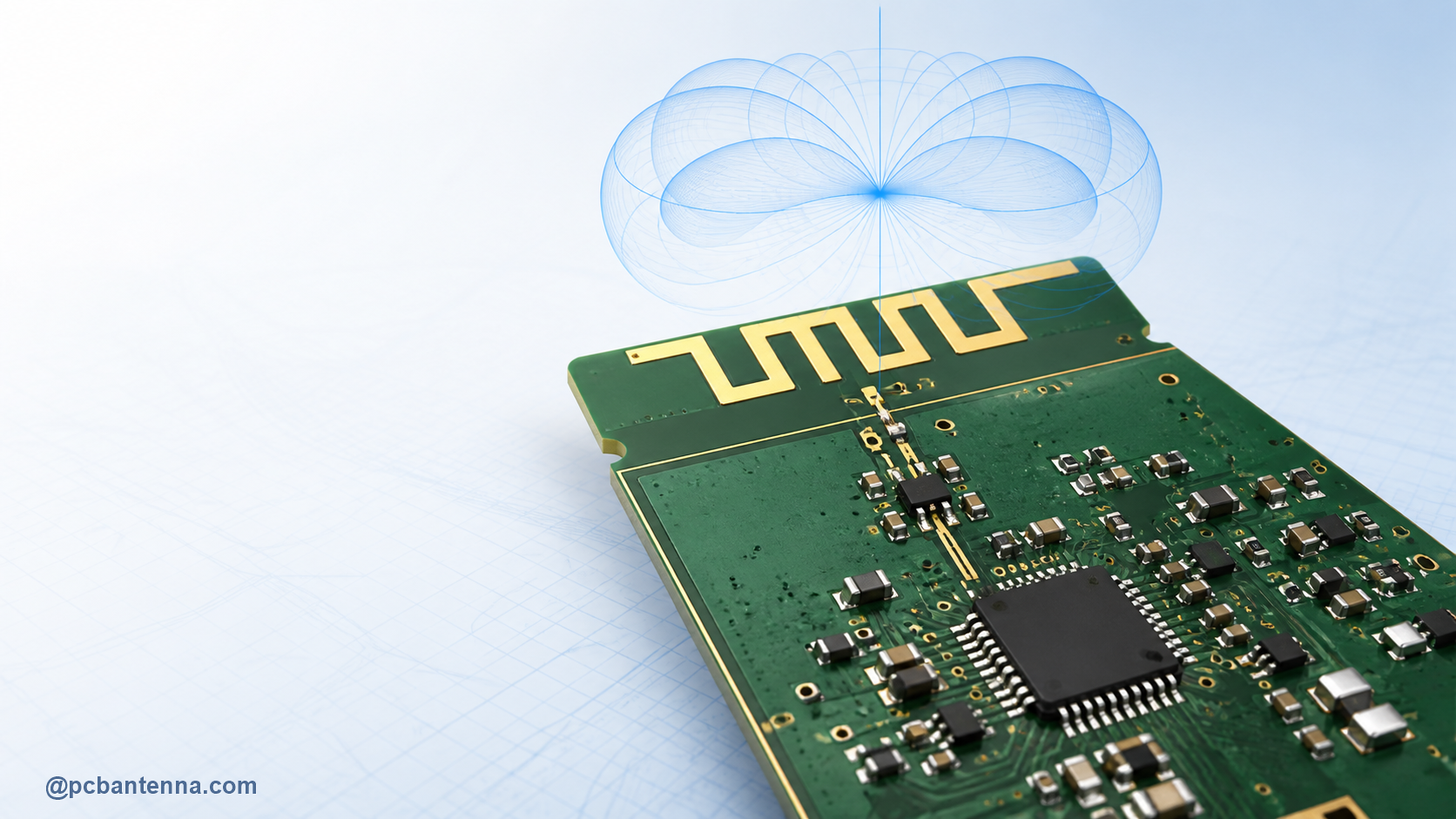 PCB with a meandered antenna trace, RF feed, matching network, and radiation pattern