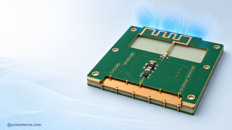 Edge-mounted PCB antenna above a copper keepout with a continuous ground plane, matching network, and stitching vias