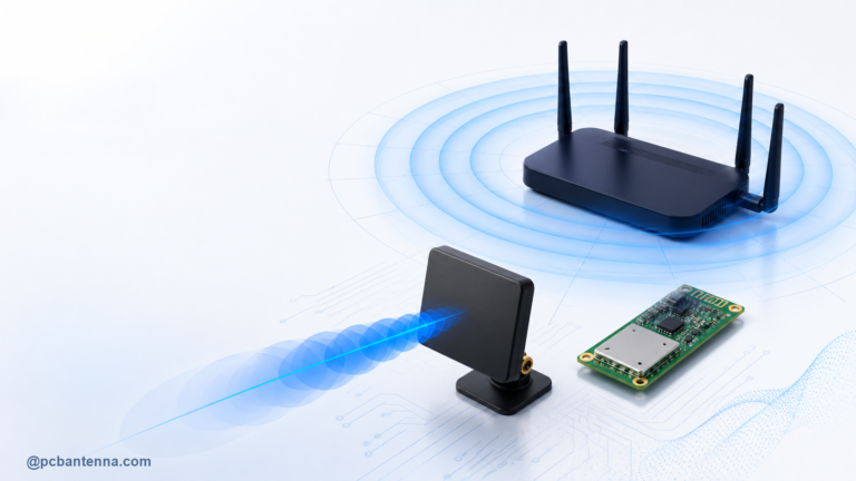 Wi-Fi router, directional panel antenna, PCB Wi-Fi module, and blue coverage patterns