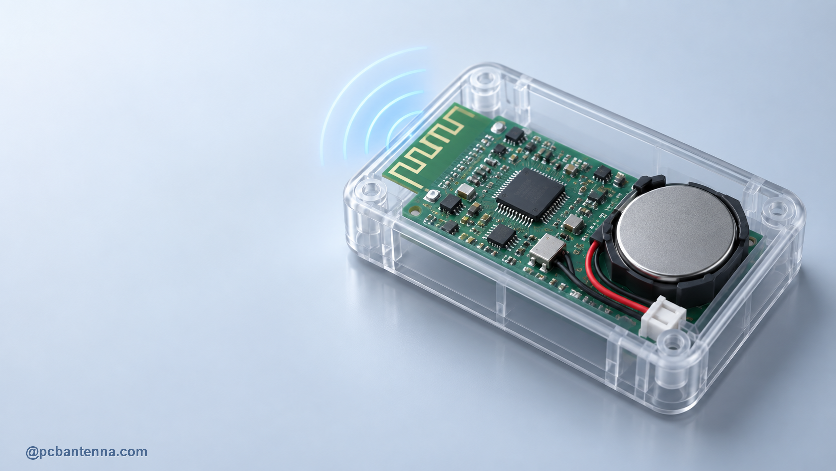 Compact PCB antenna inside a clear plastic enclosure with a nearby battery and protected antenna edge