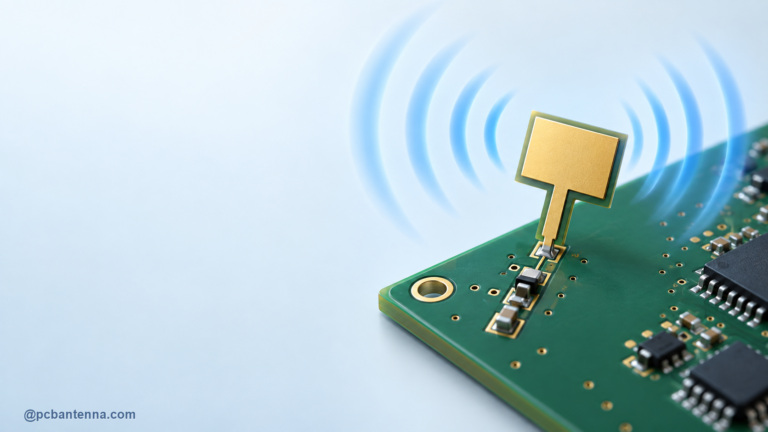 PCB antenna with a clear feed, matching network, and free blue radiated energy around a clean ground plane