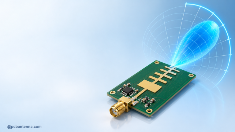 Directional antenna on a PCB with a focused blue radio beam, gain scale, and clean RF engineering background