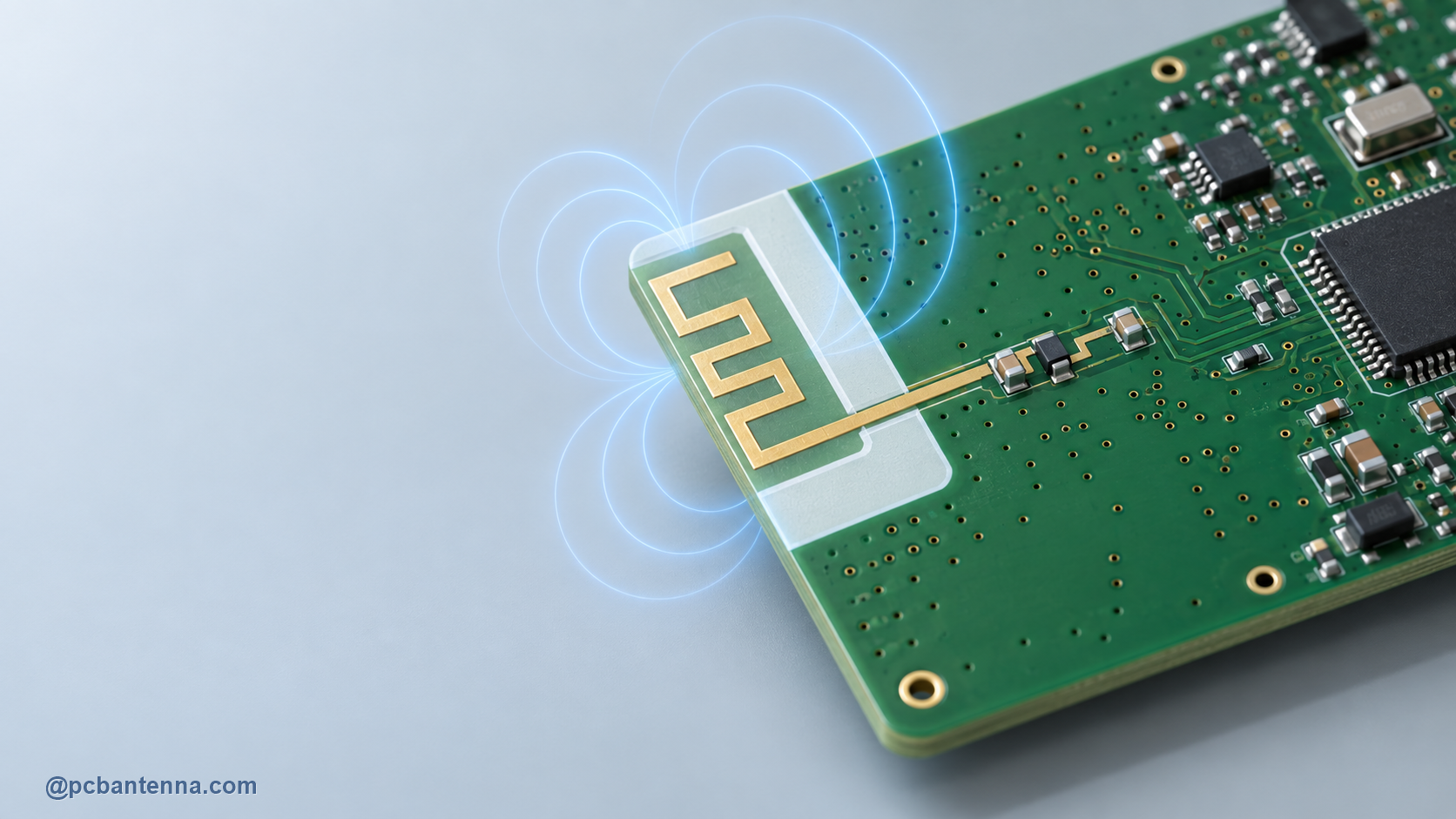 PCB antenna edge keepout zone free of copper and components, shown next to a 50-ohm RF feed and blue radiation field