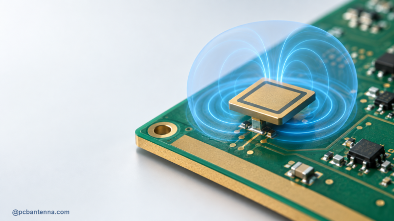 Compact PCB antenna with a focused blue resonance field around a board-edge radiator