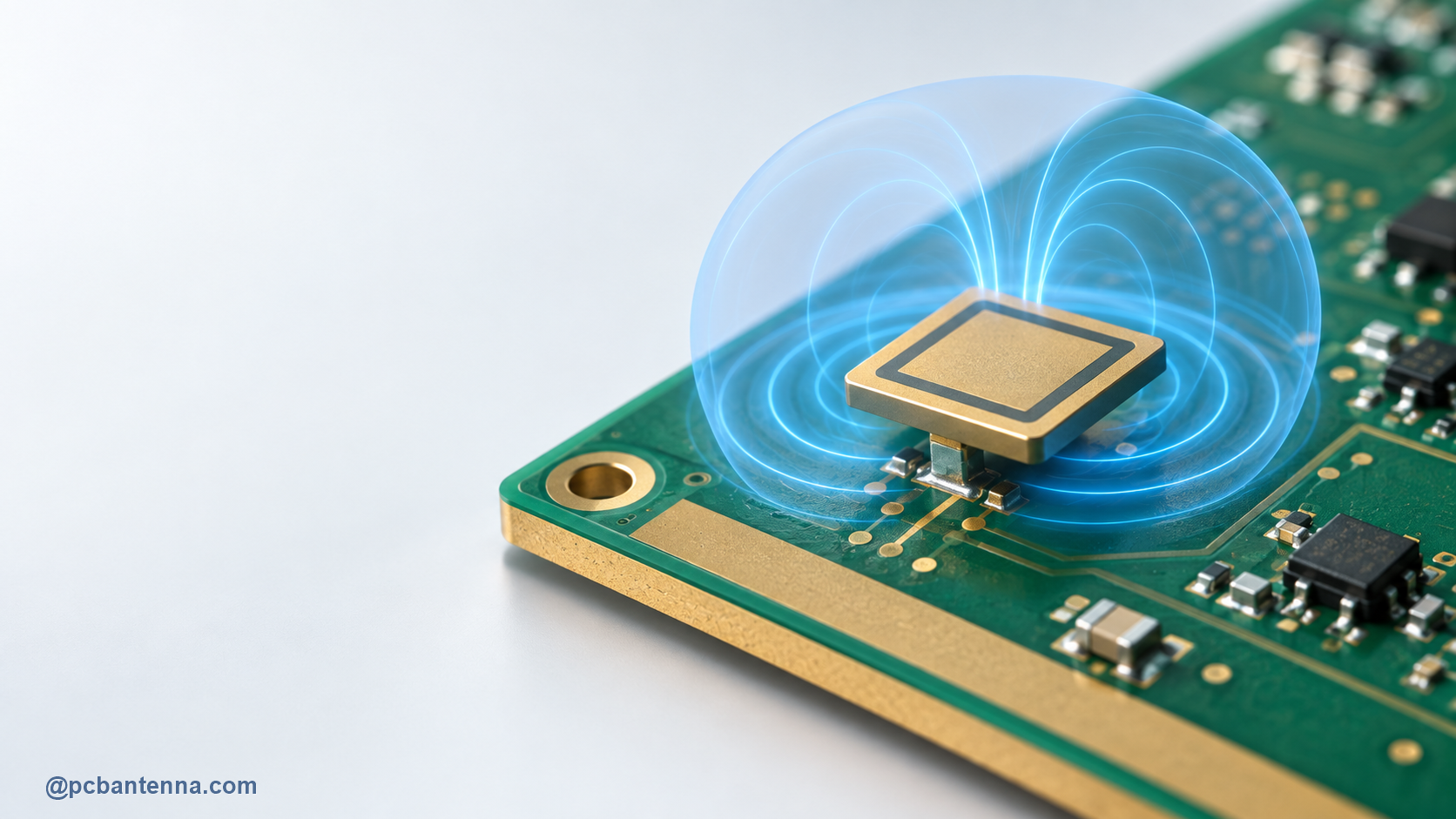 Compact PCB antenna with a focused blue resonance field around a board-edge radiator