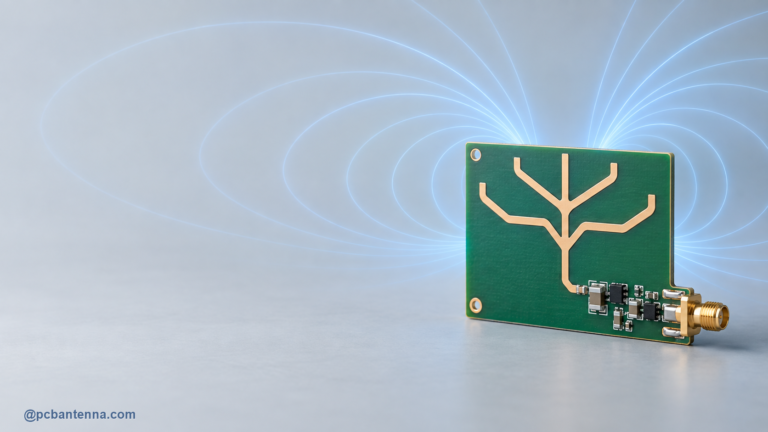Compact PCB antenna with a branched copper radiator and broad blue electromagnetic field arcs