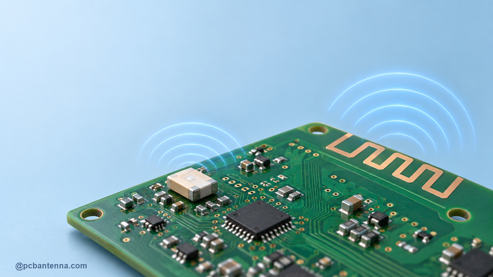 Ceramic chip antenna and printed PCB trace antenna shown on a realistic green RF board