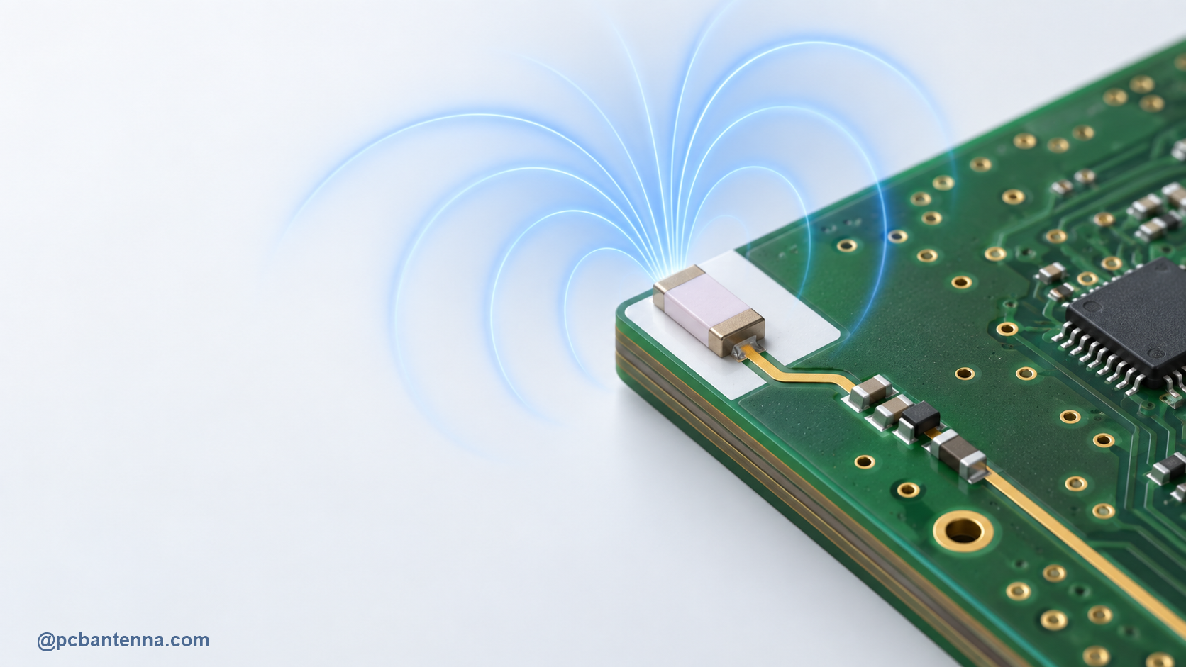 Chip antenna at a PCB edge with a clear no-copper keepout, RF feed, and matching components