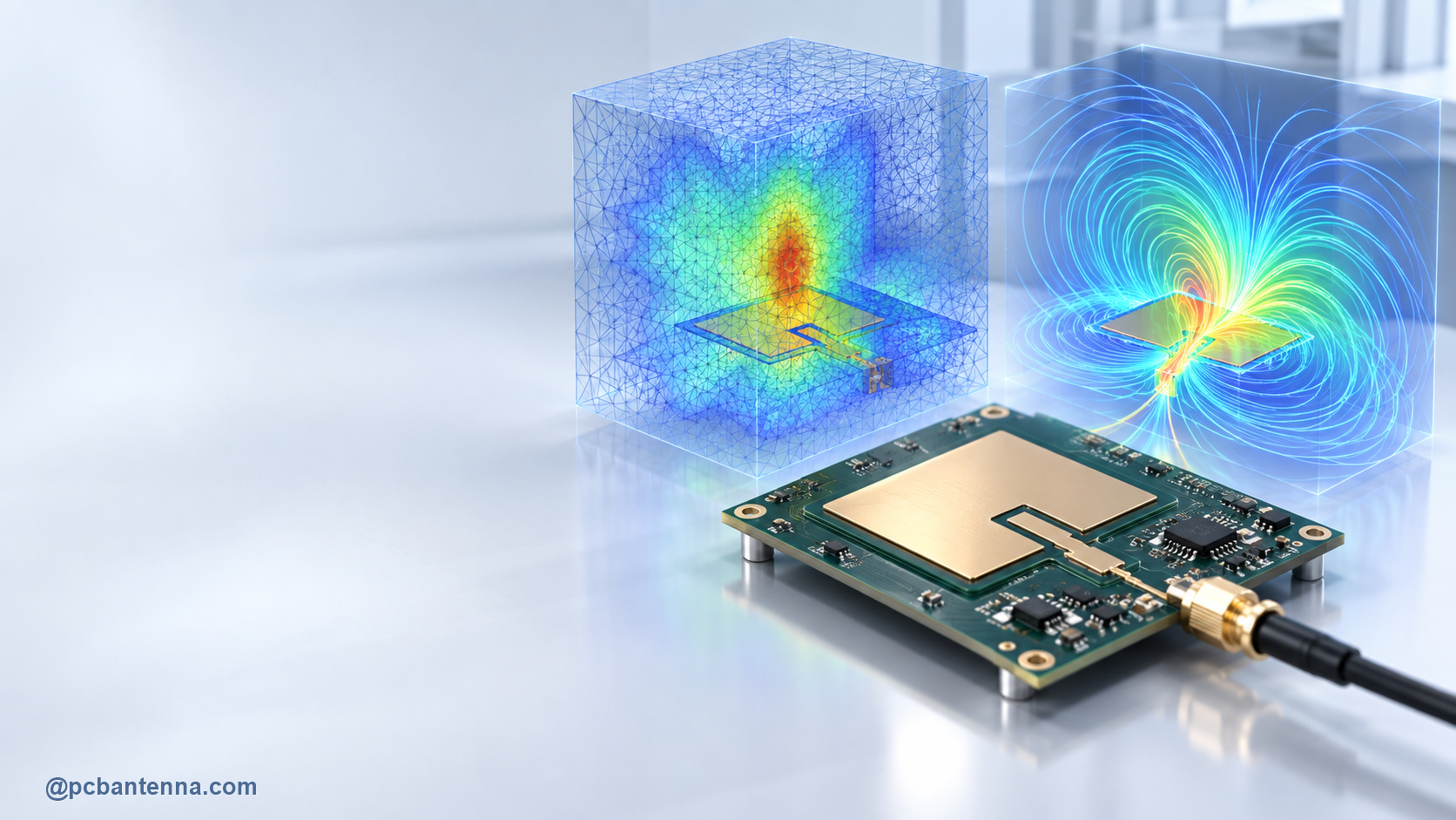 PCB antenna shown with two abstract electromagnetic simulation solution views, mesh and field lines