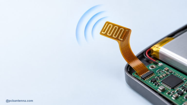 Gently curved flexible PCB antenna ribbon connected to a main board and positioned away from a battery