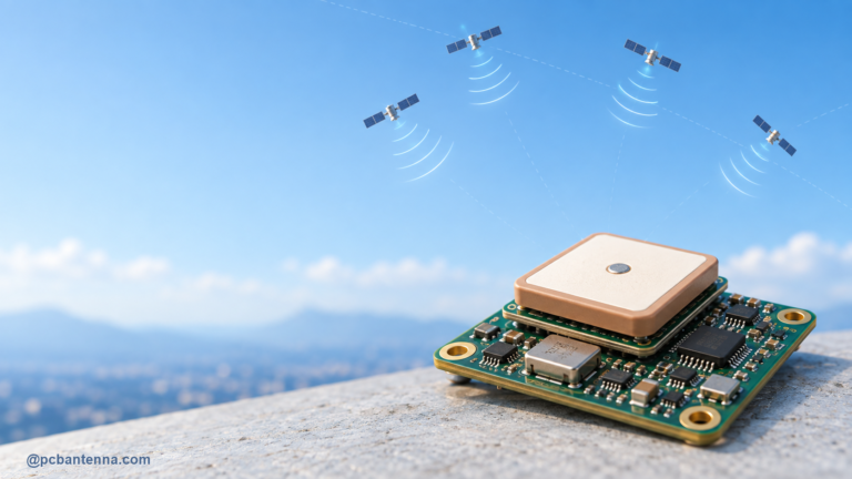 GNSS patch antenna on a compact receiver PCB with satellite signal arcs in a clear sky setting