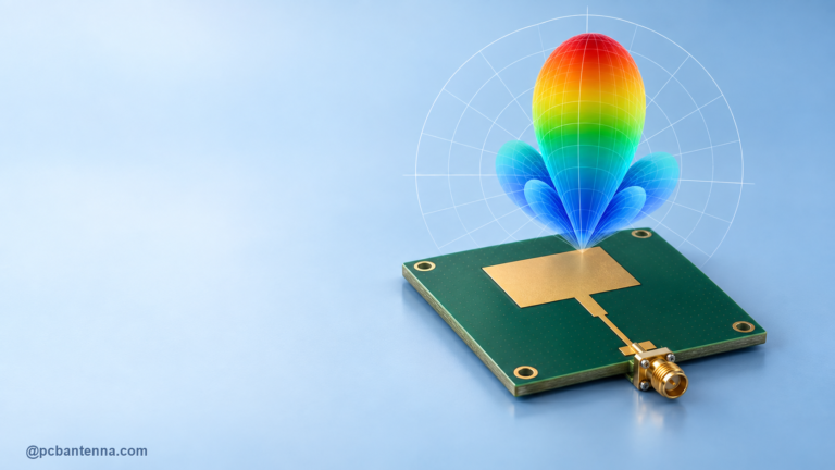 PCB antenna simulation board surrounded by a colorful far-field radiation pattern and polar measurement grid
