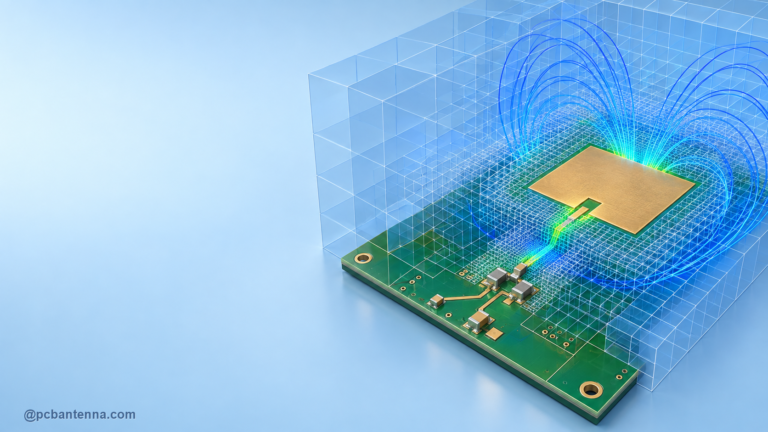 PCB antenna simulation with adaptive mesh cells concentrated around a gold patch and RF feed