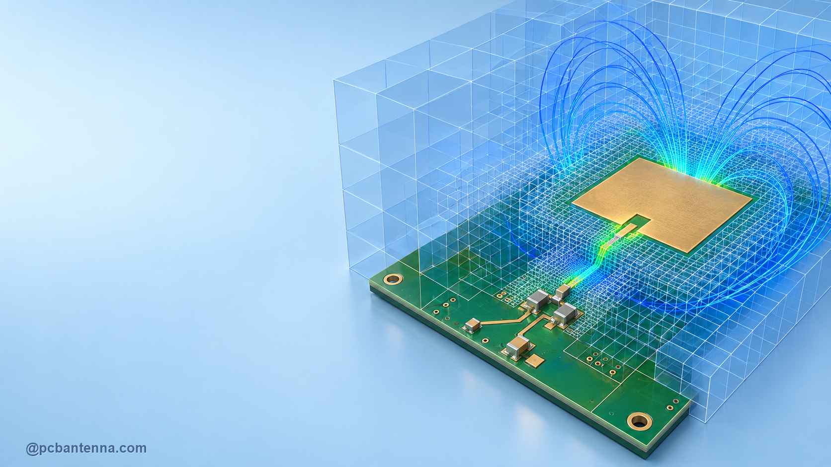 PCB antenna simulation with adaptive mesh cells concentrated around a gold patch and RF feed