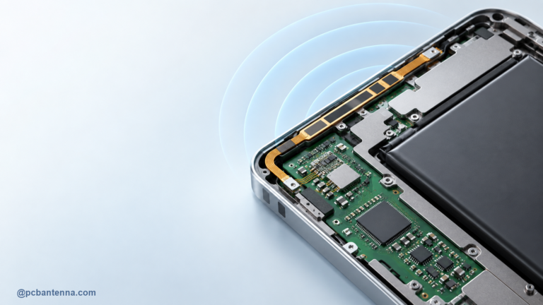 Compact multi-radio device interior with cellular flex antenna, battery, frame, and PCB positioned for RF clearance