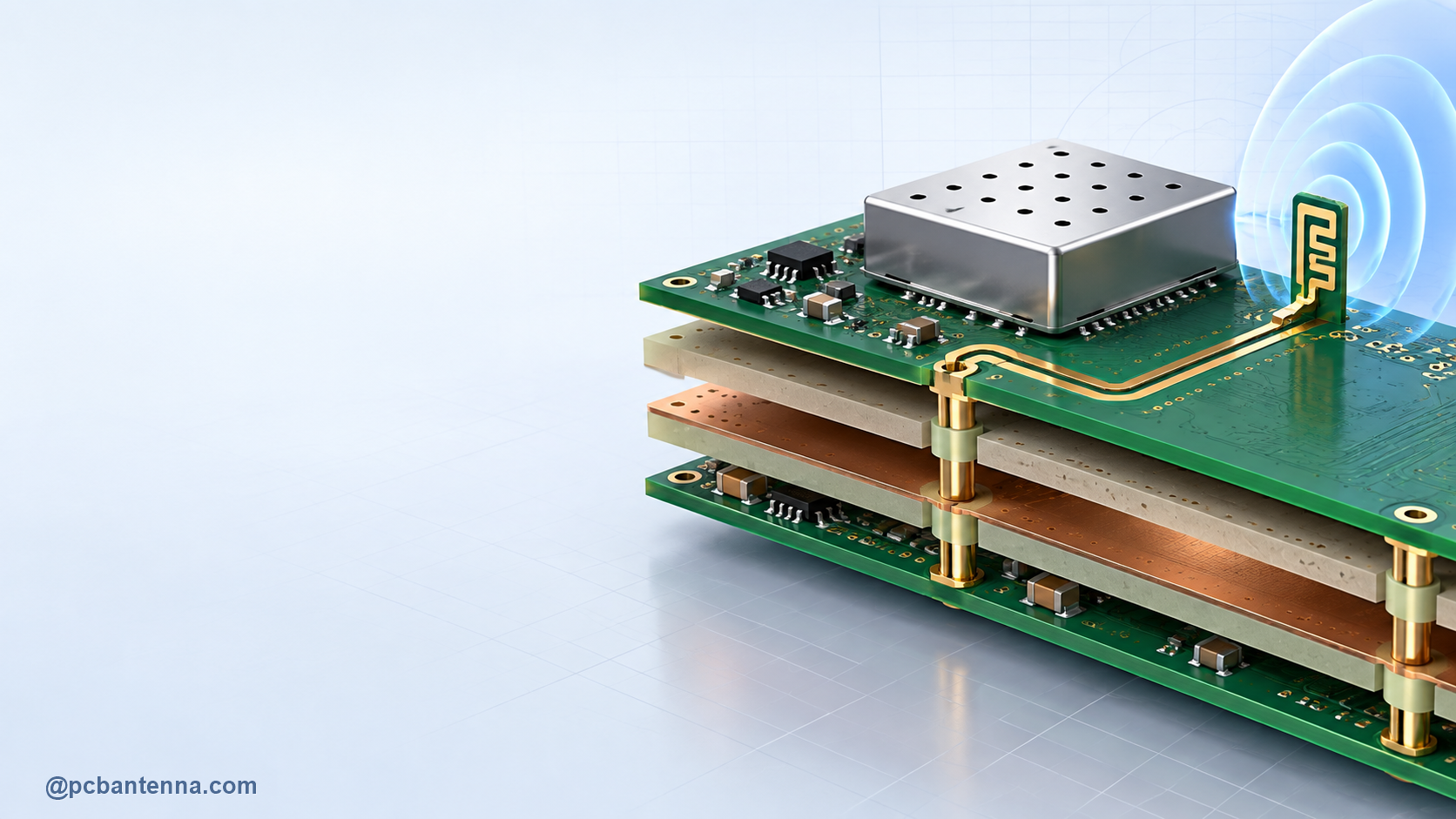 Connected multilayer PCB cross-section with RF trace, ground planes, via transition, shield, and board-edge antenna