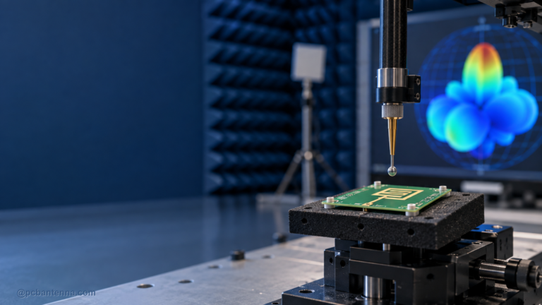 Near-field probe above a PCB antenna with a distant far-field radiation pattern in a test chamber