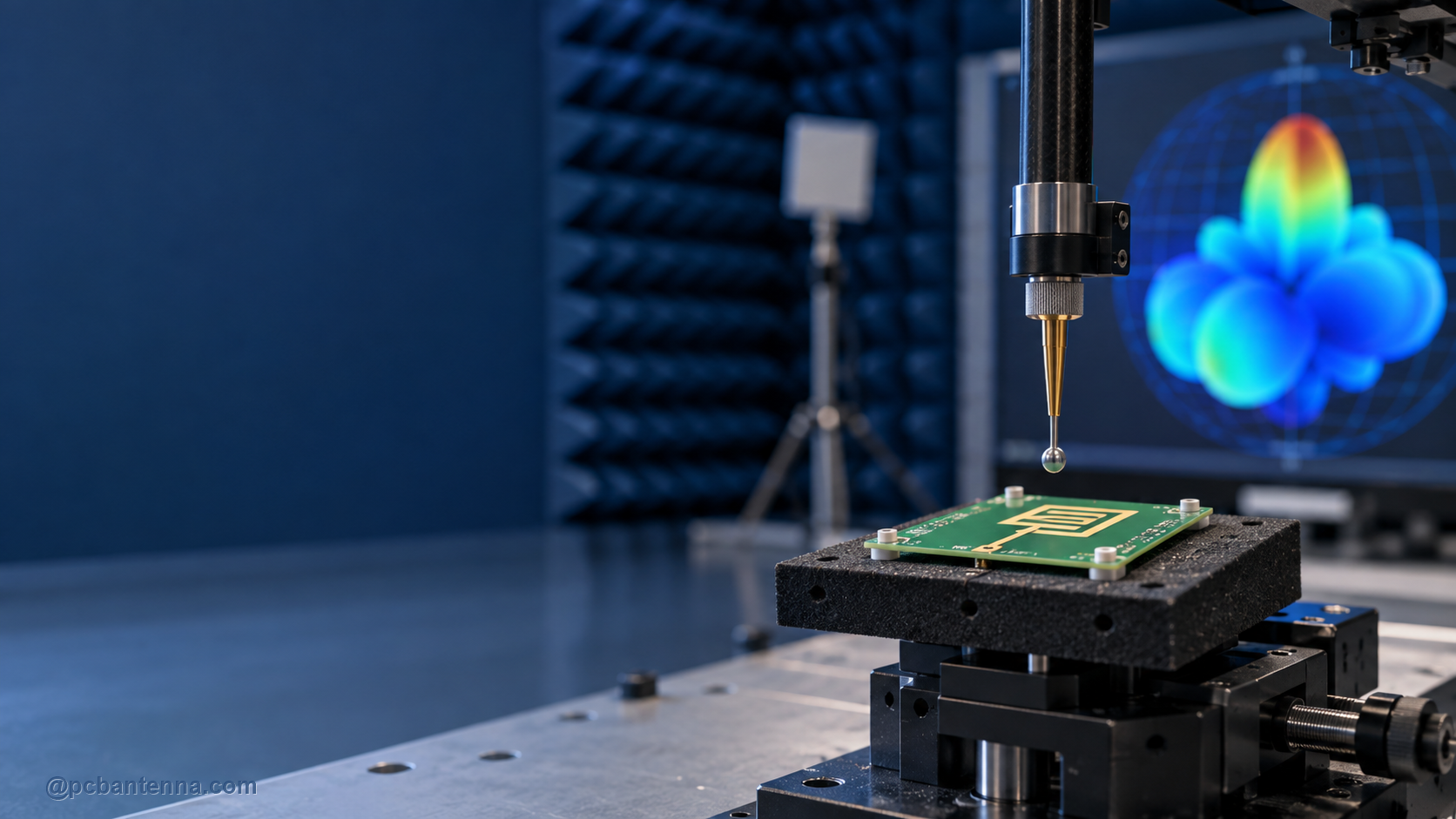 Near-field probe above a PCB antenna with a distant far-field radiation pattern in a test chamber