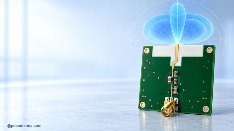 2.4 GHz printed monopole antenna trace on a PCB with a clear ground-plane edge and blue radio field visualization