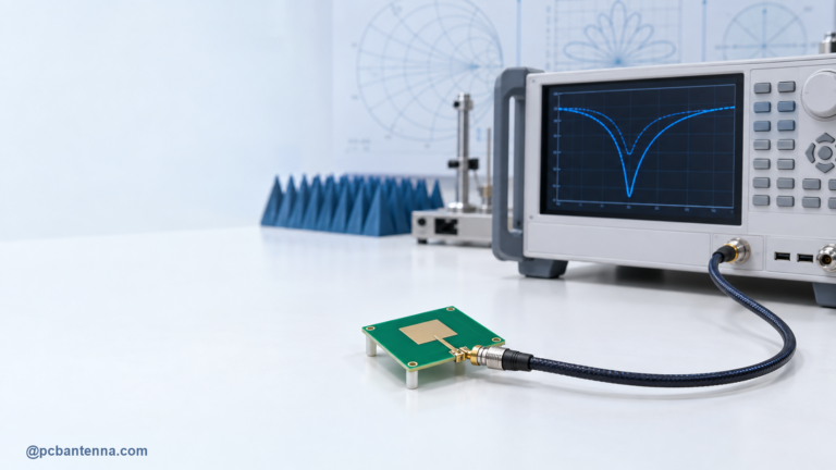 Vector network analyzer connected to a PCB antenna for S11 and return-loss measurement