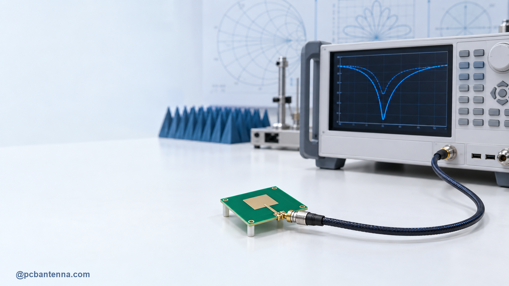 Vector network analyzer connected to a PCB antenna for S11 and return-loss measurement